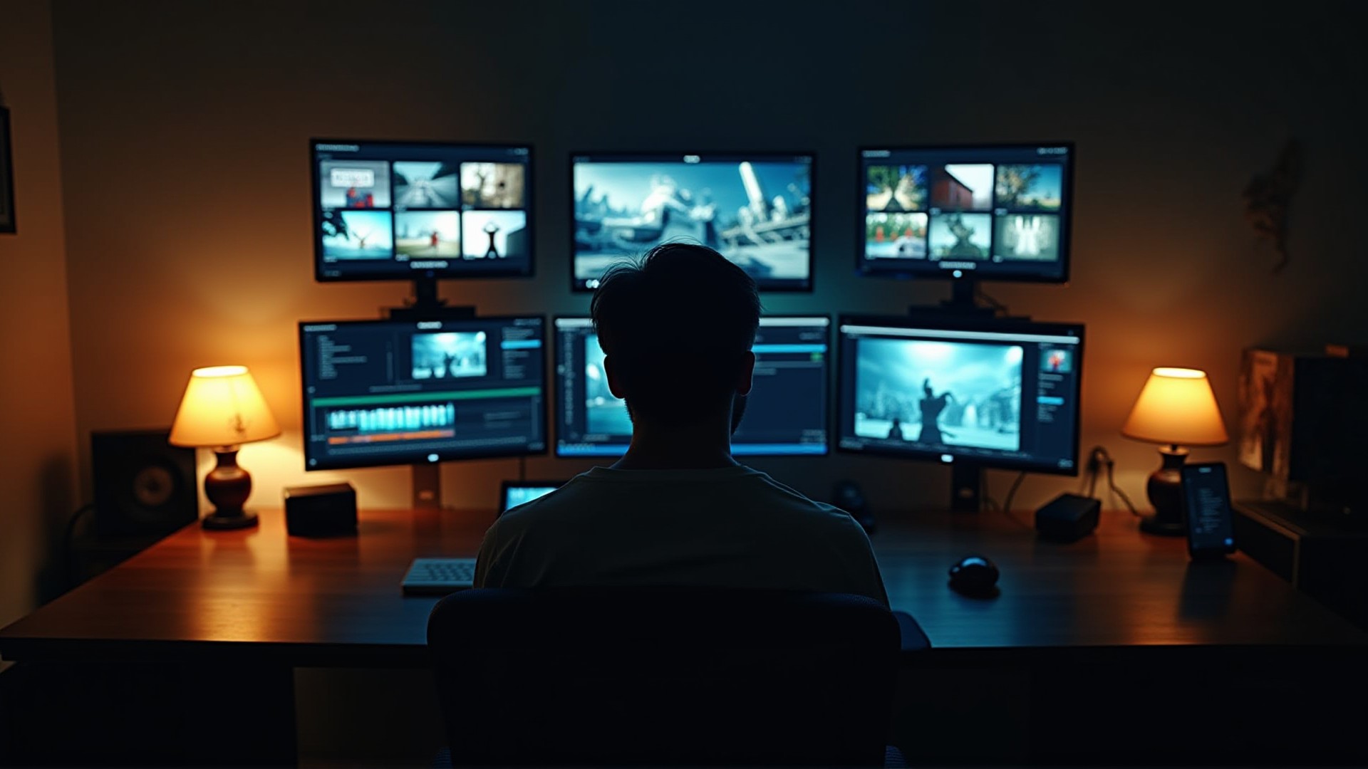 Editorial production workspace with multi-monitor wall