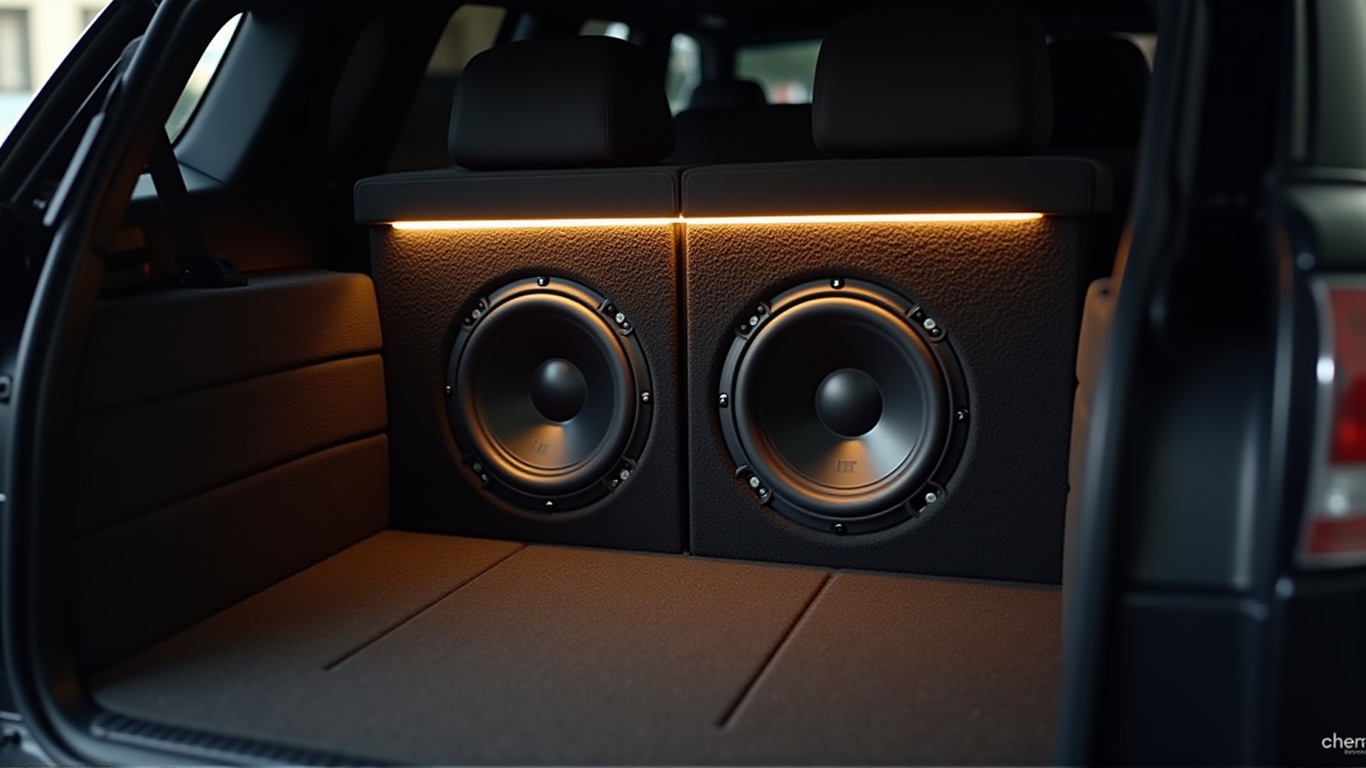 Car interior install with twin 12-inch subwoofer enclosure and gold ambient lighting