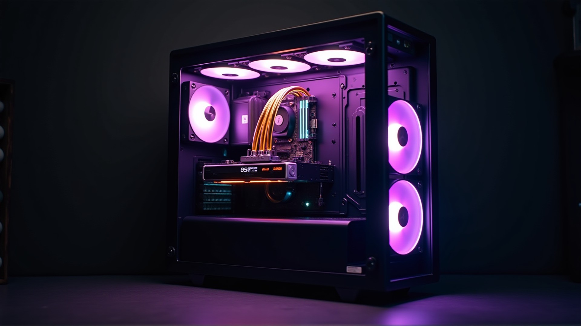 Open custom PC interior with tempered glass and gold-purple liquid cooling