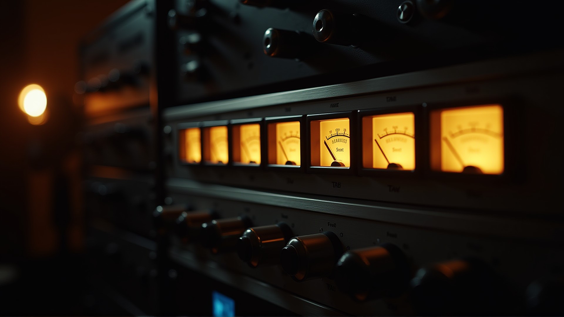 Rack-mount studio gear with VU meters glowing amber