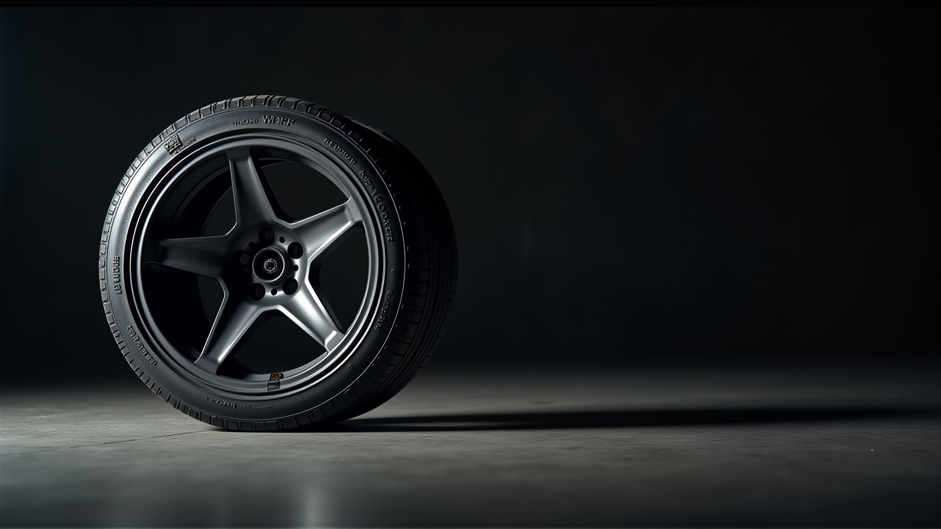 Matte black 5-spoke custom wheel hero shot on dark backdrop